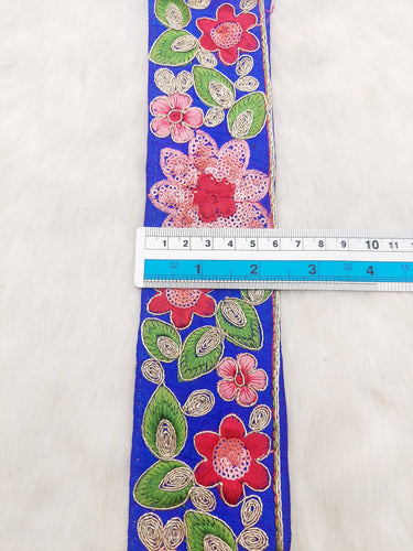 Blue Silk Fabric Embroidered Trim, Floral Embroidery Indian Sari Border Trim By Yard Decorative Trim Craft Lace, Sequins Trim